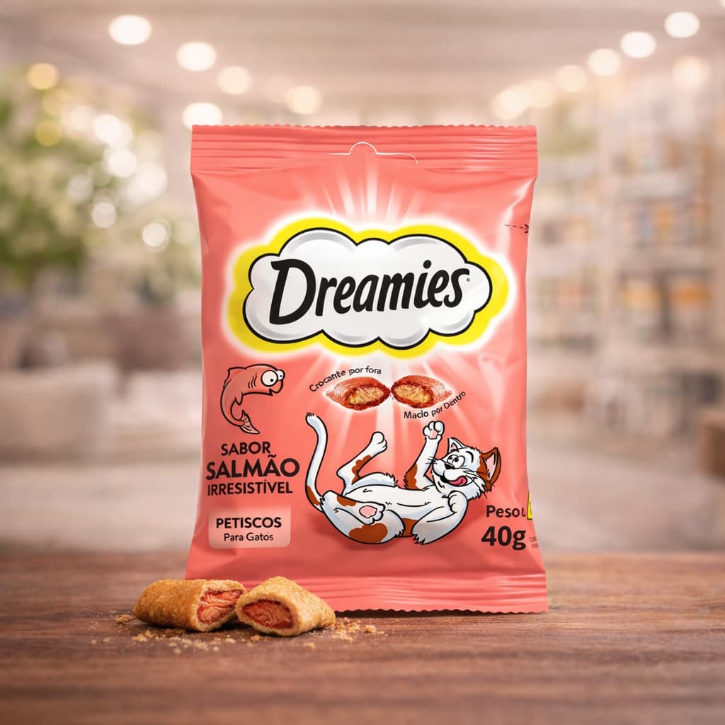 Petisco Dreamies Gatos Salmão Saboroso 40g Snack Crocante Recheado para Gatos Adultos