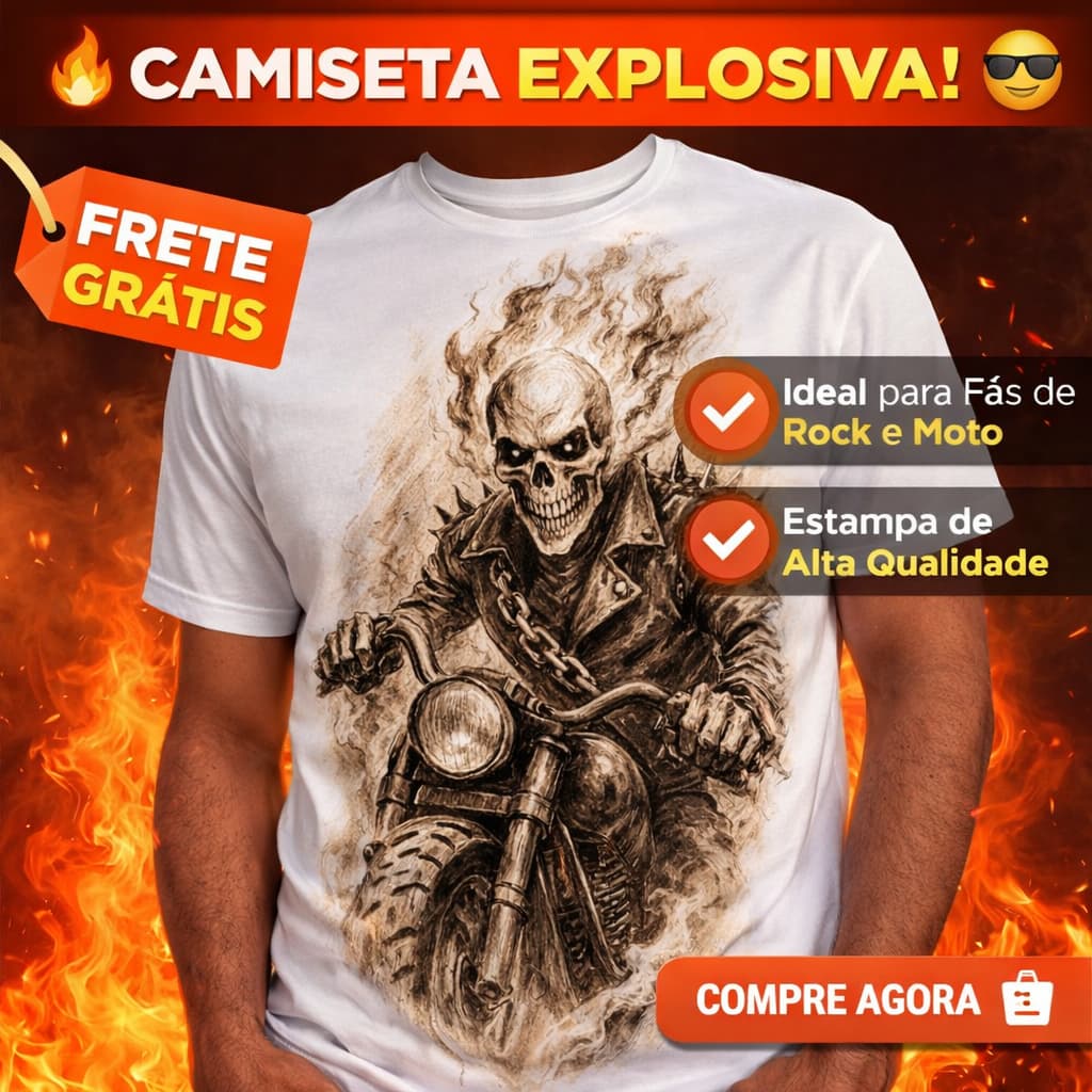 Camiseta Camisa Básica Estampada Motociclista Esquelético Rock