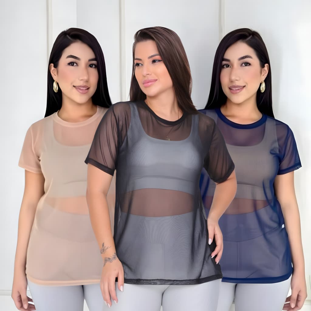 Kit C/ 3 Blusas Feminina Tule Academia Camiseta Fitnes