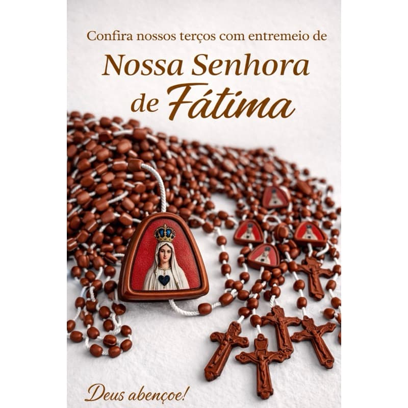 12 Terços Marrom Nossa Senhora de Fátima em Plástico com Entremeio que Abre – Uso no Pescoço - 33 cm.