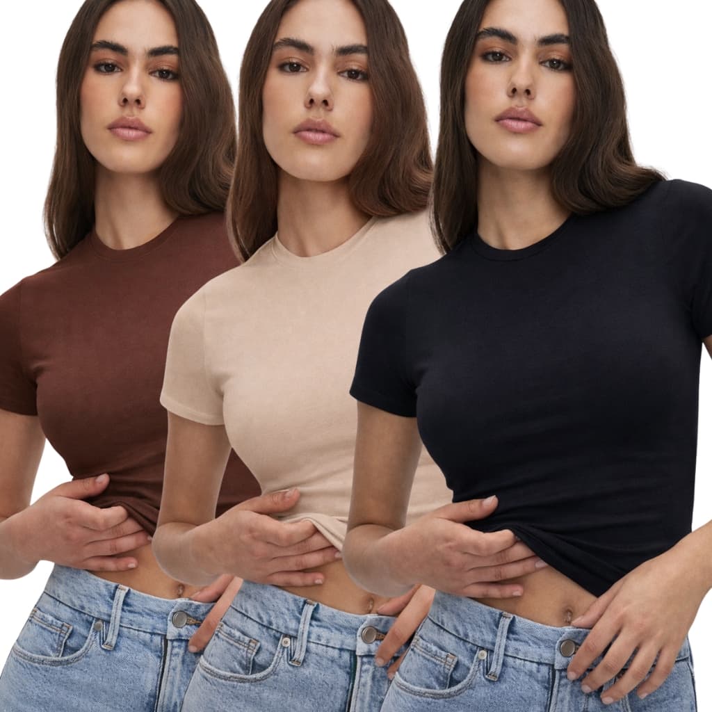 Kit 3 Baby Tee Feminina Slim Fit Manga Curta Baby Look Camisa de Compressão