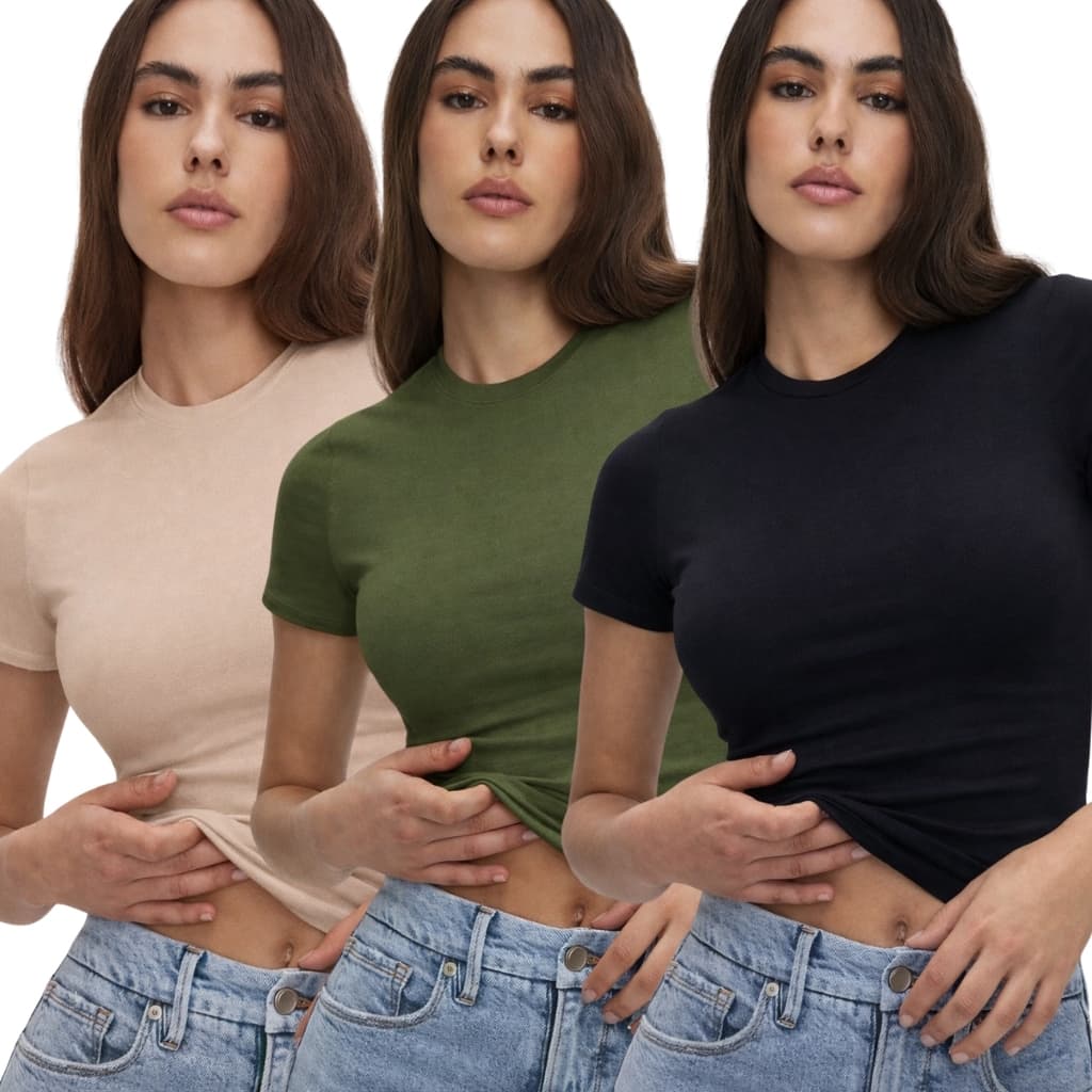 Kit 3 Blusas Baby Tee Feminina Slim Fit Manga Curta Camisa de Compressão Baby Look
