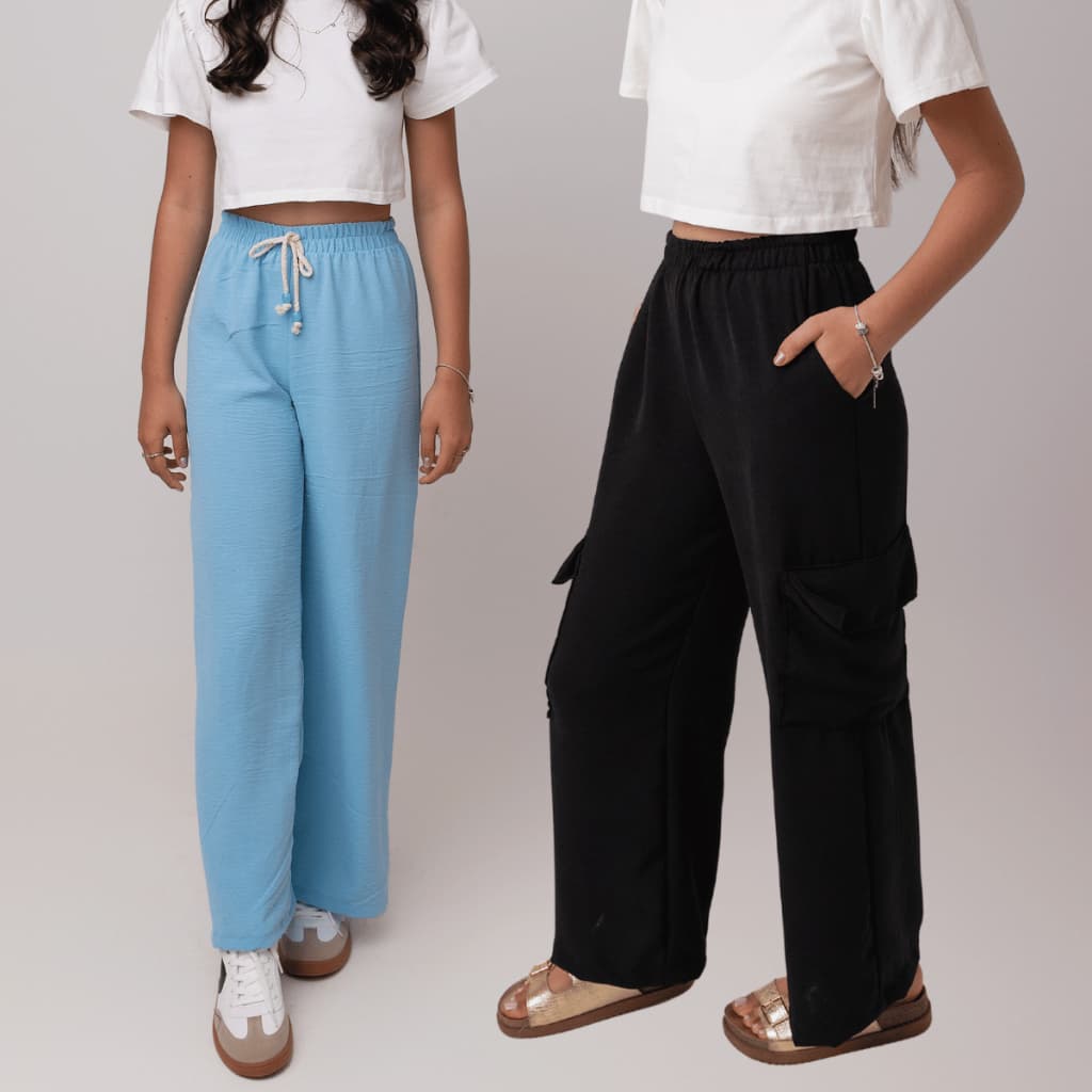 Kit 2 Calças Menina Infantil Juvenil Pantalona Cargo Widleg Tecido Dunas Escolar