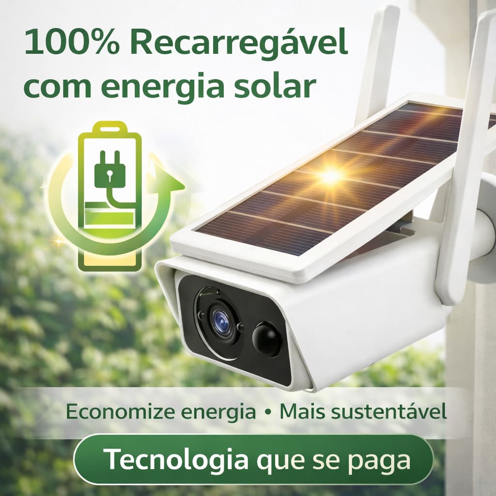 Câmera de Segurança Externa Sustentável WiFi Solar Full HD 1080p Visão Noturna Sensor Movimento Dome