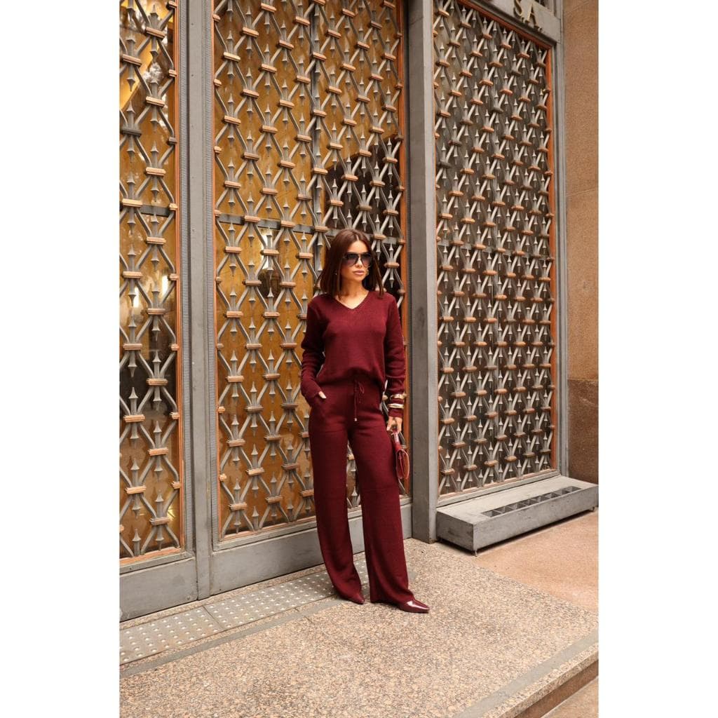 Conjunto Feminino Tricô Elegante Calça Pantalona + Blusa Manga Comprida Confortável