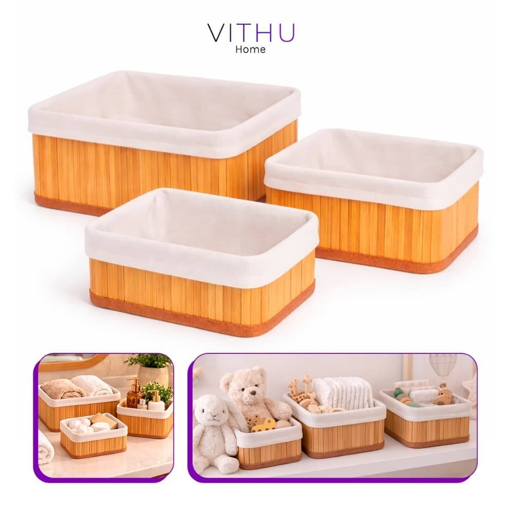 Cesto Bambu Organizador Kit 3 Unidades Vithu Quarto Banheiro Com Forro Premium Resistente Moderno Robusto Alta Qualidad