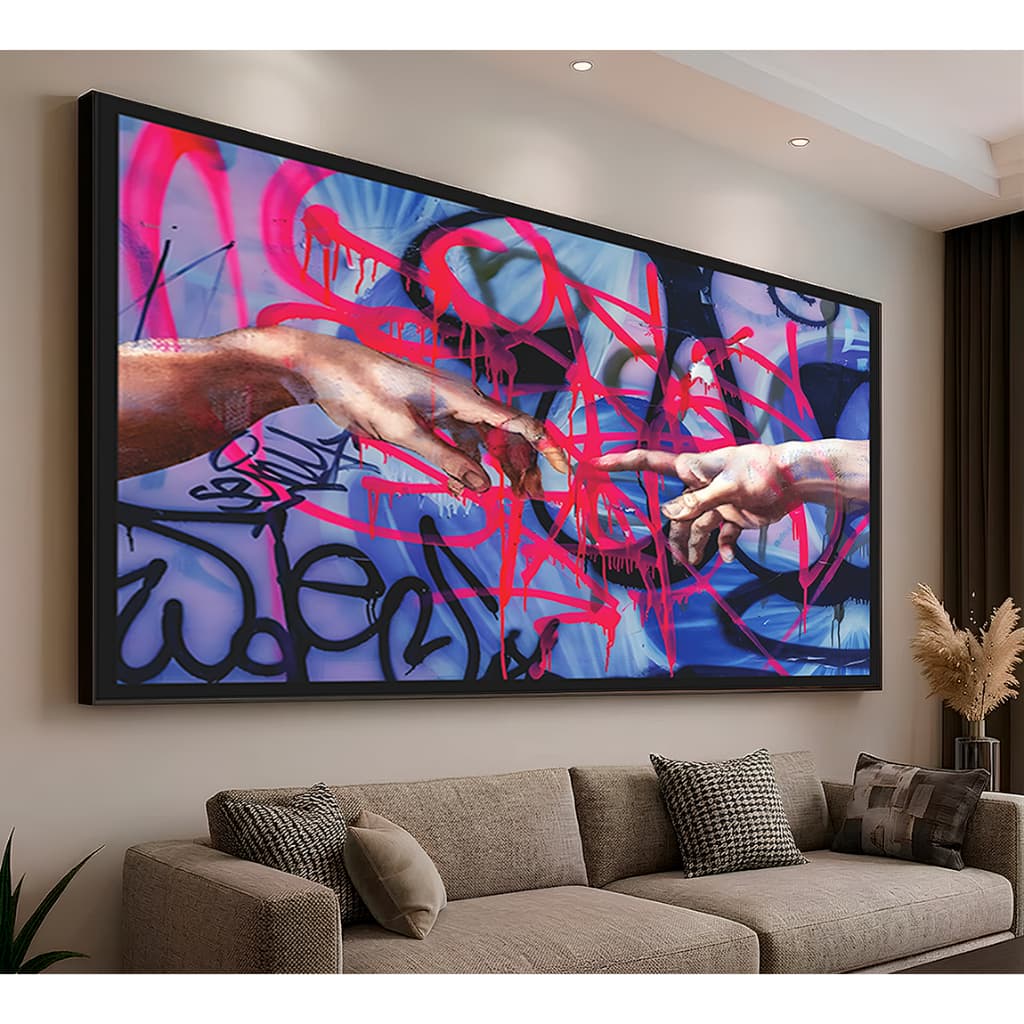 Quadro Decorativo A Criação De Adão Toque Mãos Deus Jesus Pop Arte Grafite -Sala Quarto Hall