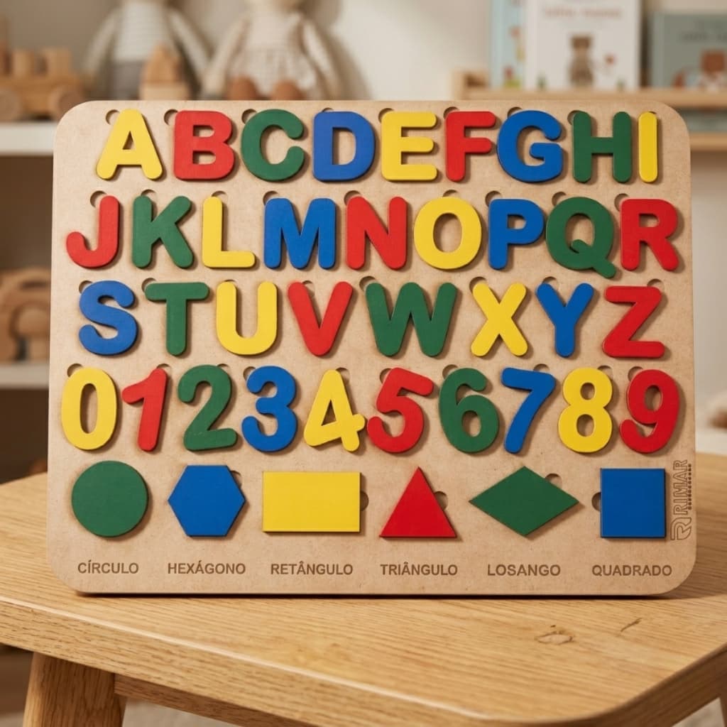 Tabuleiro Alfabeto Educativo Infantil com Números e Formas Coloridas em MDF – Brinquedo Pedagógico Coordenação Motora
