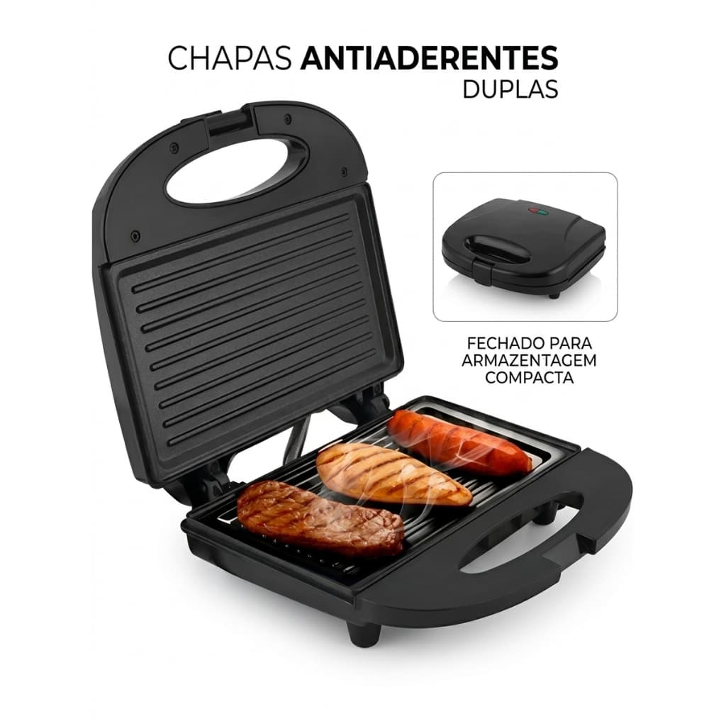 Sanduicheira Grill Bak 750W 220V Chapa Antiaderente Dupla Premium Aquecimento Rápido Pão Quentinho