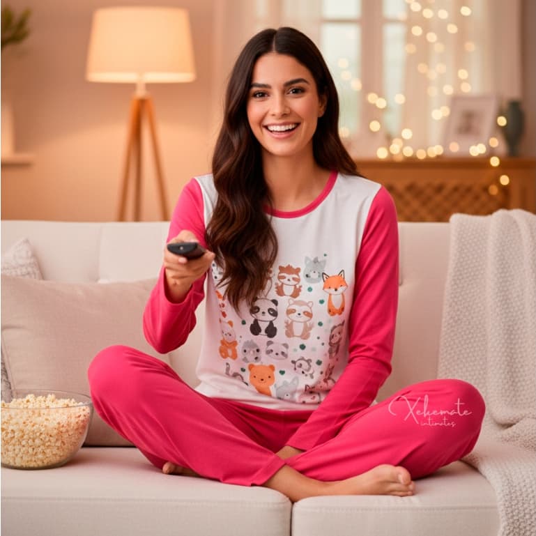 Kit Pijamas de Inverno Manga Longa Calça Suede Estampados Confortável Moda Feminina Elástico Cintura