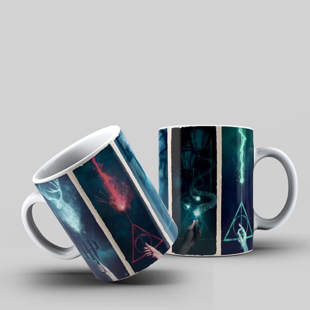 Caneca Harry Potter Relíquias da Morte – Varinhas e Feitiços – Presente Geek 325ml