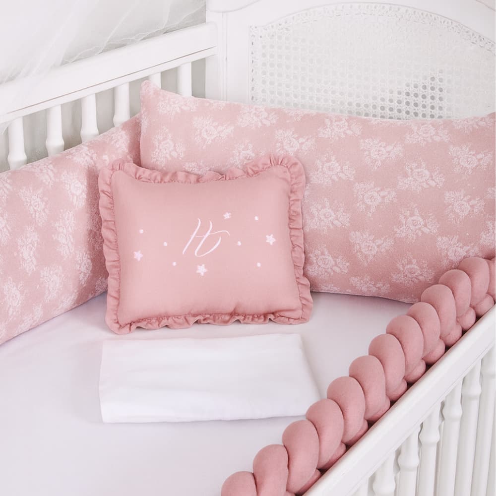 Kit de Berço Menina Personalizado Rose Renda Floral Completo 100% Algodão com Trança e Mosquiteiro