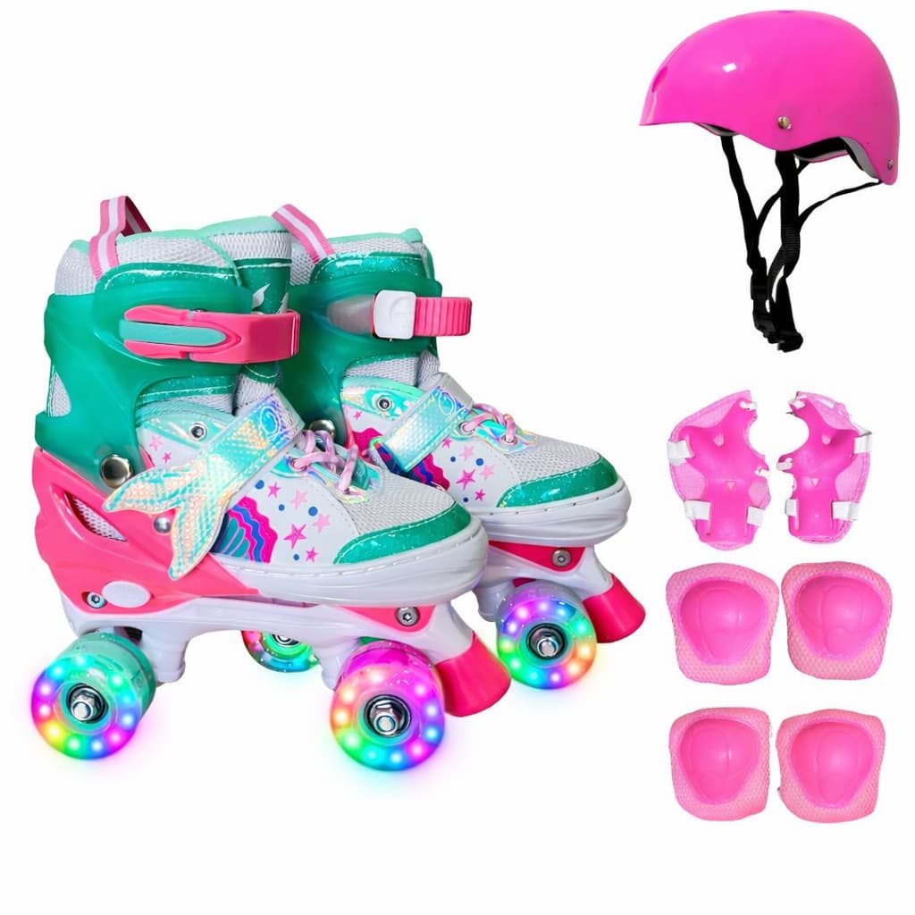 Patins Quad Rainbowstars Infantil Lançamento da Sereia com luz de Led em todas Rodinhas + KIT PROTEÇÃO + BOLSA