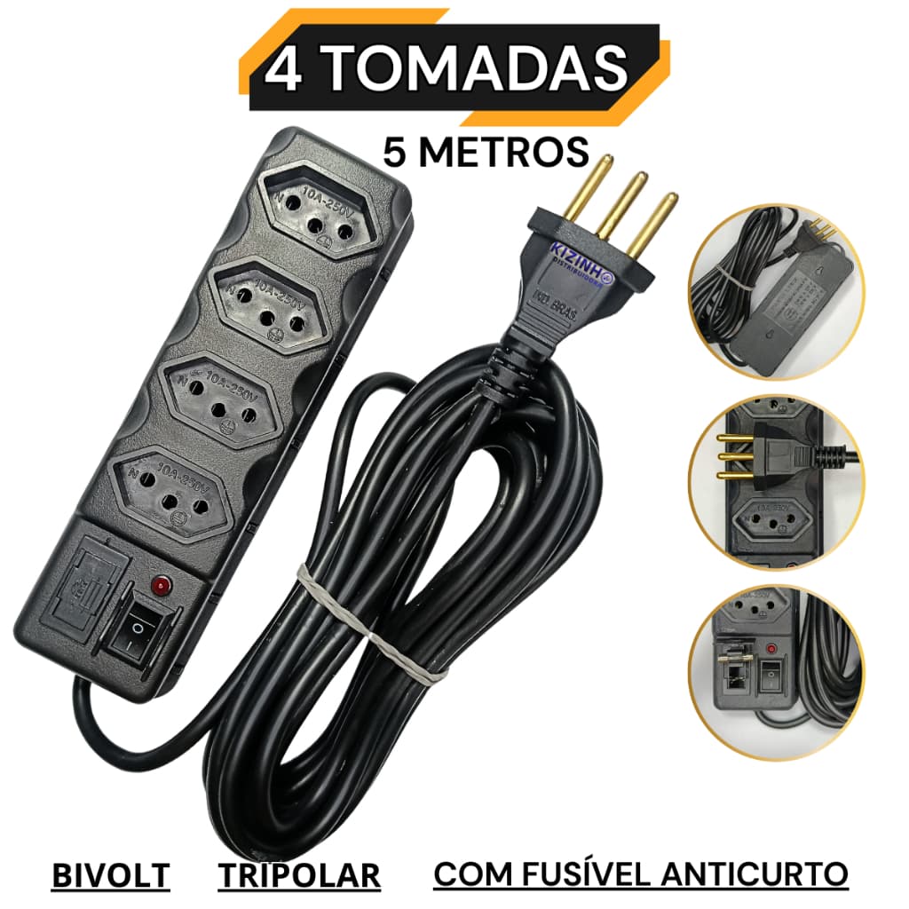 Filtro de Linha 4 Tomadas 10A Preta Régua + Cabo 5 Metros Bivolt Chave Liga/Desliga e Fusível 3A