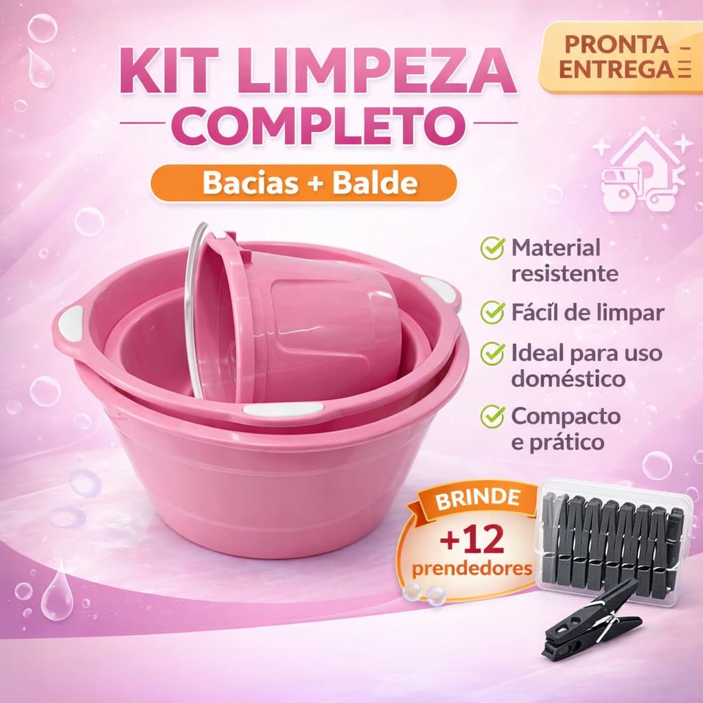 Kit Lavanderia 3 Bacias Grandes + Balde 10L Multiuso Resistente Casa Cozinha Limpeza