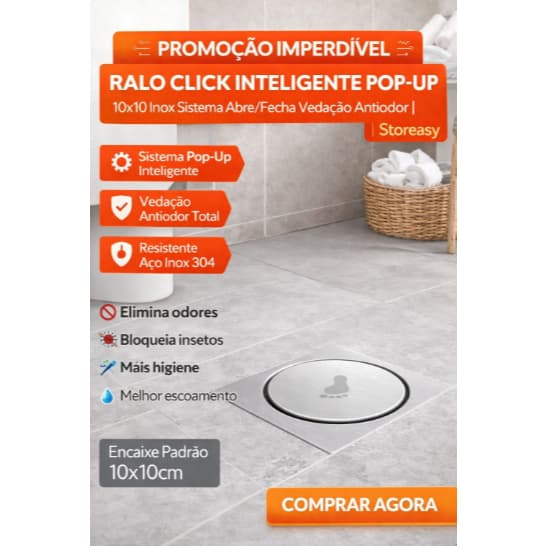 Ralo Click Inteligente Pop-Up 10x10 Inox Sistema Abre/Fecha Vedação Antiodor | Storeasy