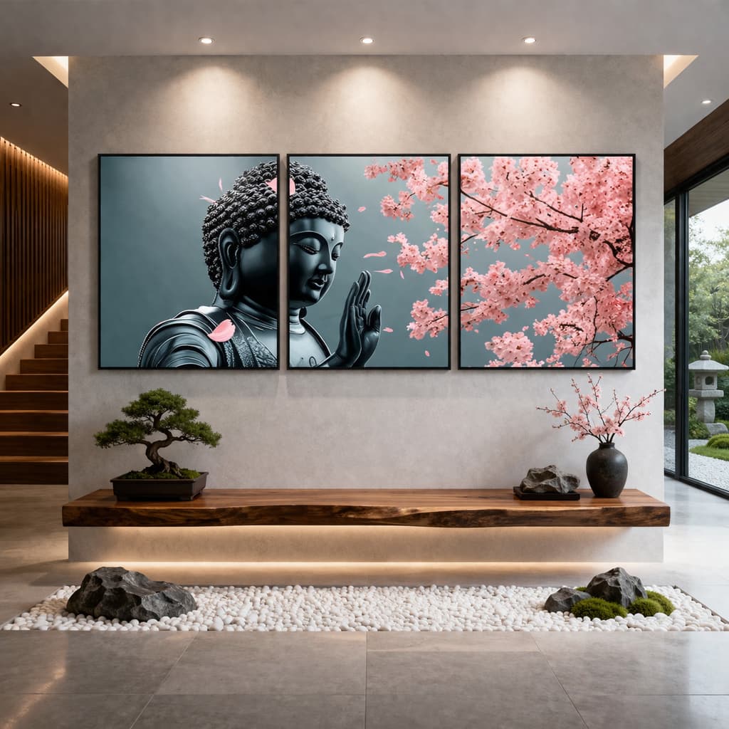 Quadro Decorativo Religioso Buda e Flores de Cerejeira Rosas Meditação Clean Minimalista Leve