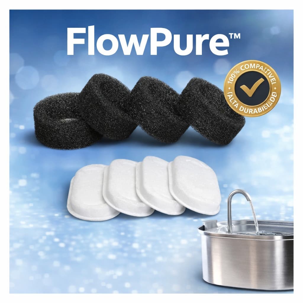 FlowPure™ Refil Filtro Bebedouro Pet Inox | Kit 4 Filtros + 4 Esponjas | Água Limpa e Sem Odores