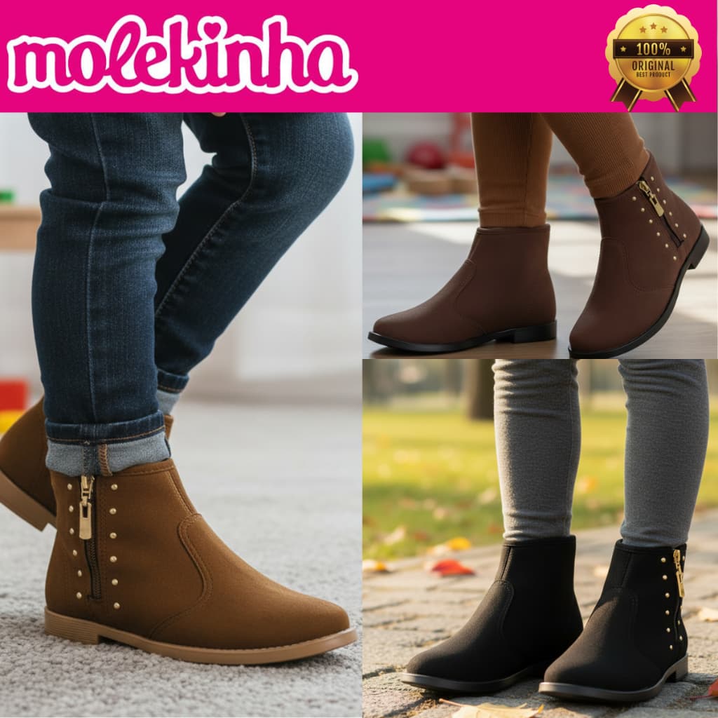 Bota Molekinha Infantil Menina Cano Curto Confortável Detalhes Dourados Original