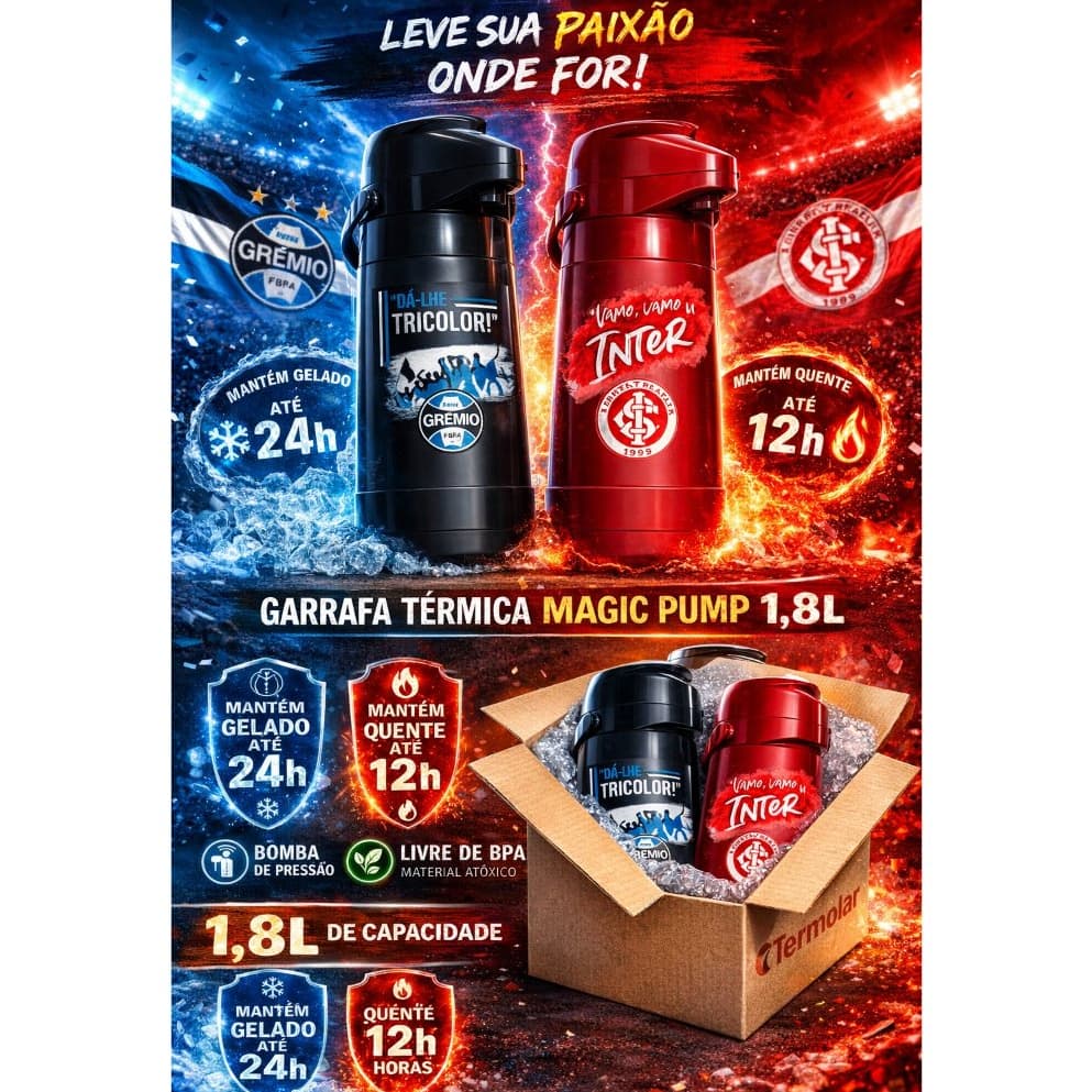 Garrafa térmica de água Grêmio 1,8 Litros Garrafa térmica café Inter 1,8 Litros Termolar - Presente.