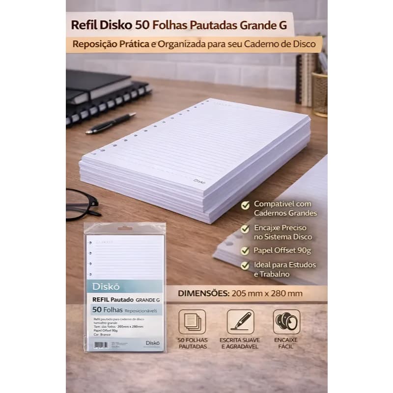 Refil Caderno de Disco Disko 50 Folhas Pautadas  Grande Reposicionável Escolar e Escritório