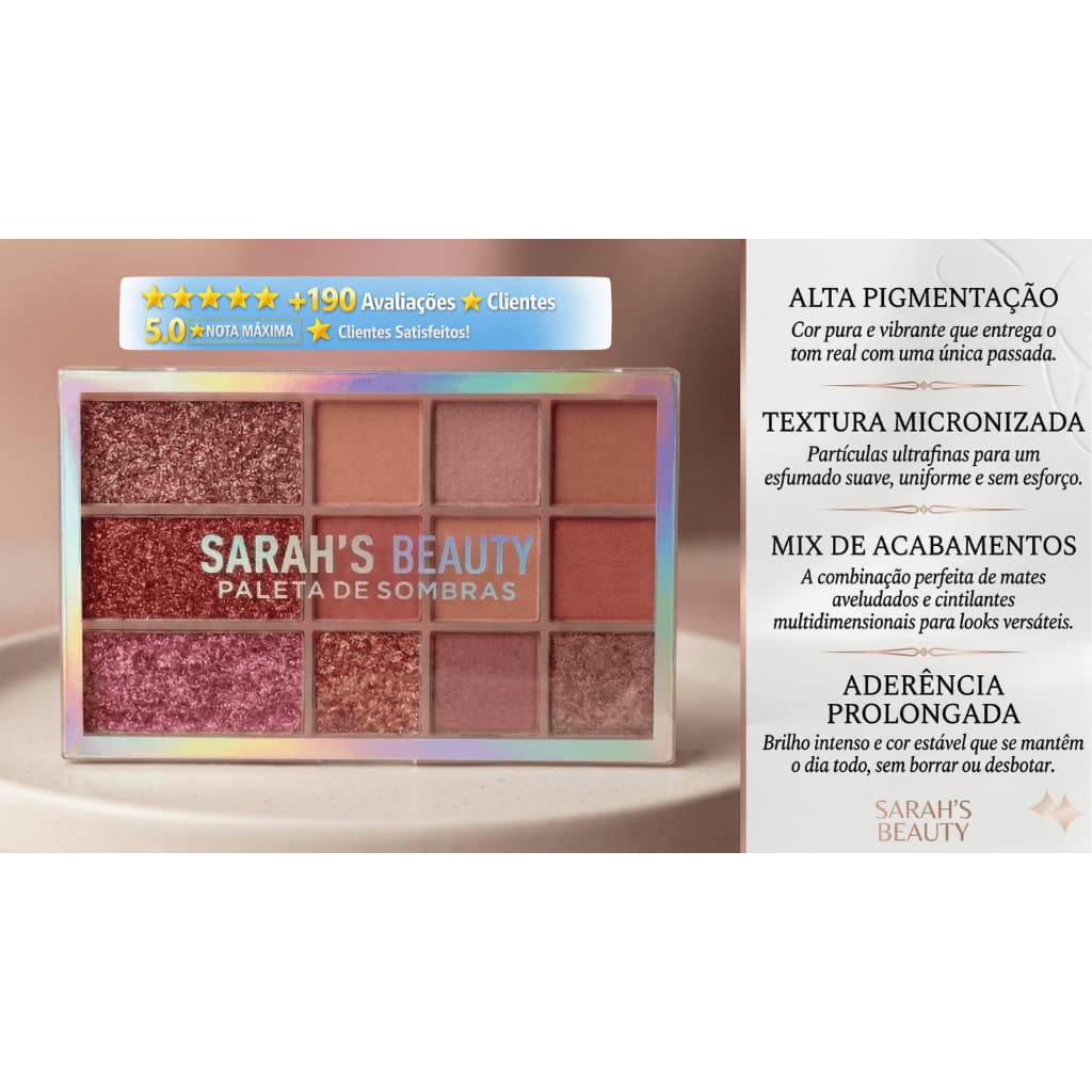 Paleta de Sombras Maquiagem Sarah’s Beauty Cor B 15g Alta Pigmentação Acabamento Profissional
