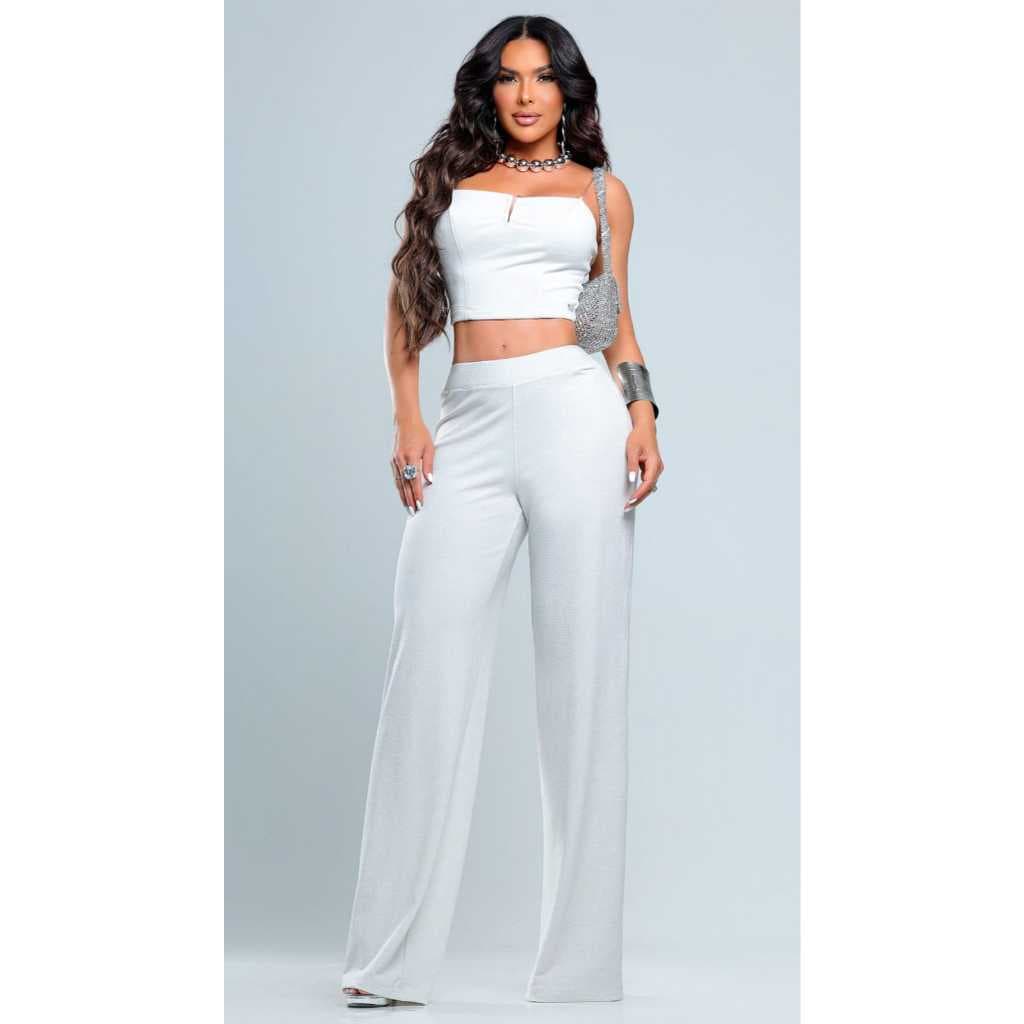 Conjunto Feminino Cropped e Calça Wide Leg com Correntes Elegante Rhero Jeans 12161