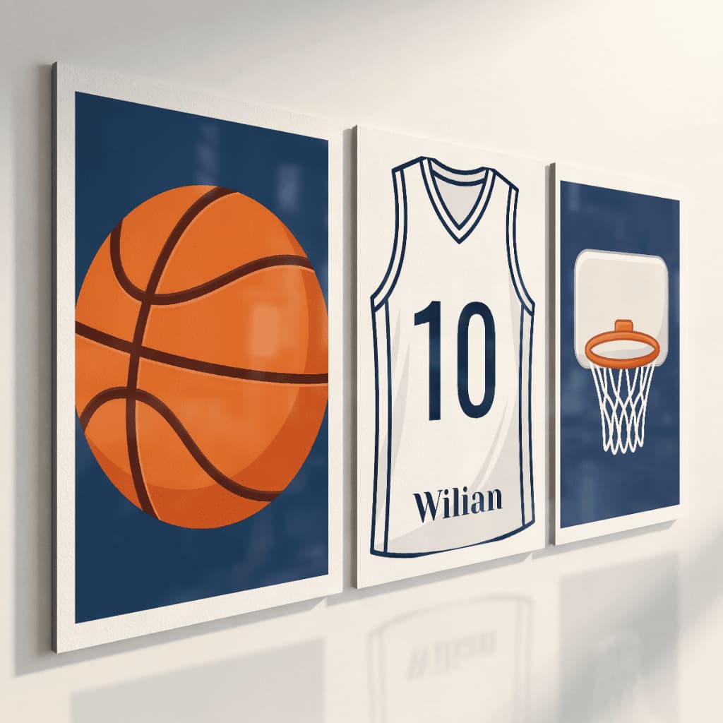 Quadros Decorativos Infantil Basquete Kit 3 Peças Personalizado Com Nome Quarto Menino