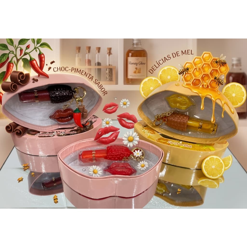 Gloss Labial Beijo na Boca com Chaveiro - Mel, Morango e Chocolate com Pimenta