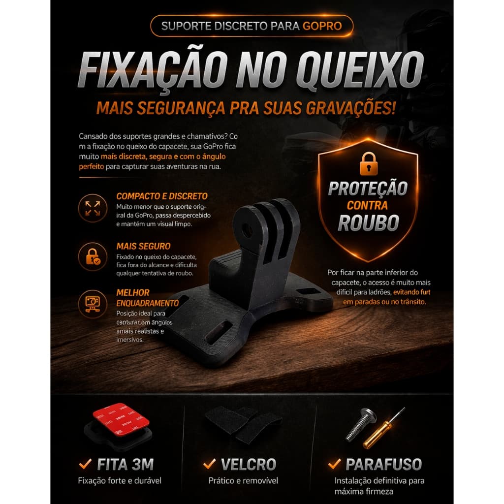 Suporte GoPro para Capacete (Queixo) Fixação Fácil 3M ou Velcro – Pequeno e Resistente