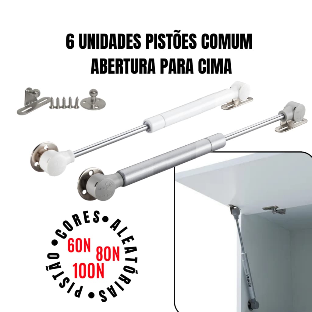 Kit DE 6 UND Pistão a Gás Comum p/Armário com Amortecedor - Abertura Para Cima