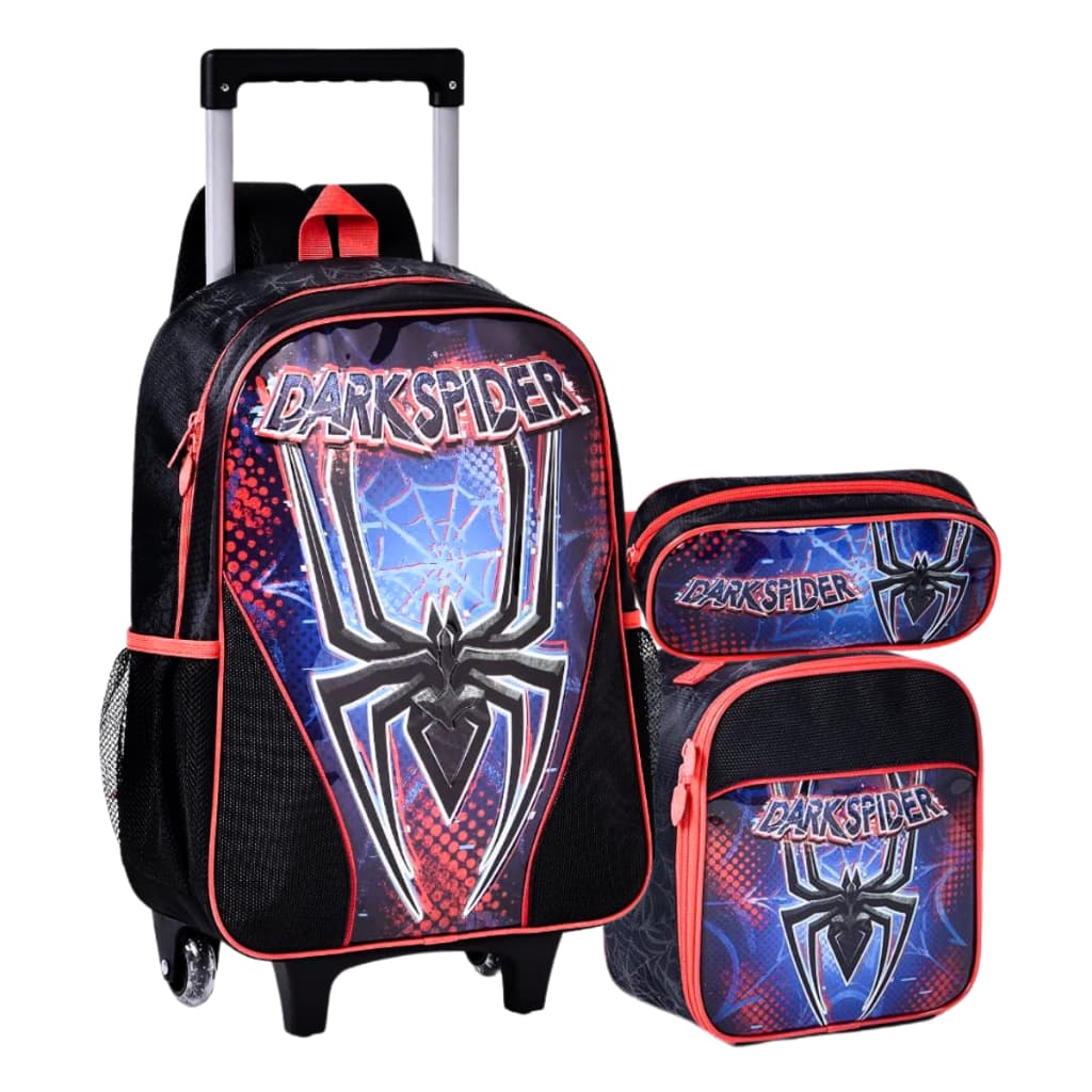 Kit Escolar Dark Spider Aranha Mochila de Rodinhas + Estojo e Lancheira Térmica Meninos - Clio