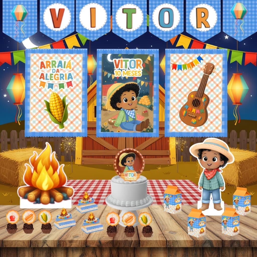 Kit Festa Junina - Arraiá Menino - Decoração - Topo de Bolo - mesversário