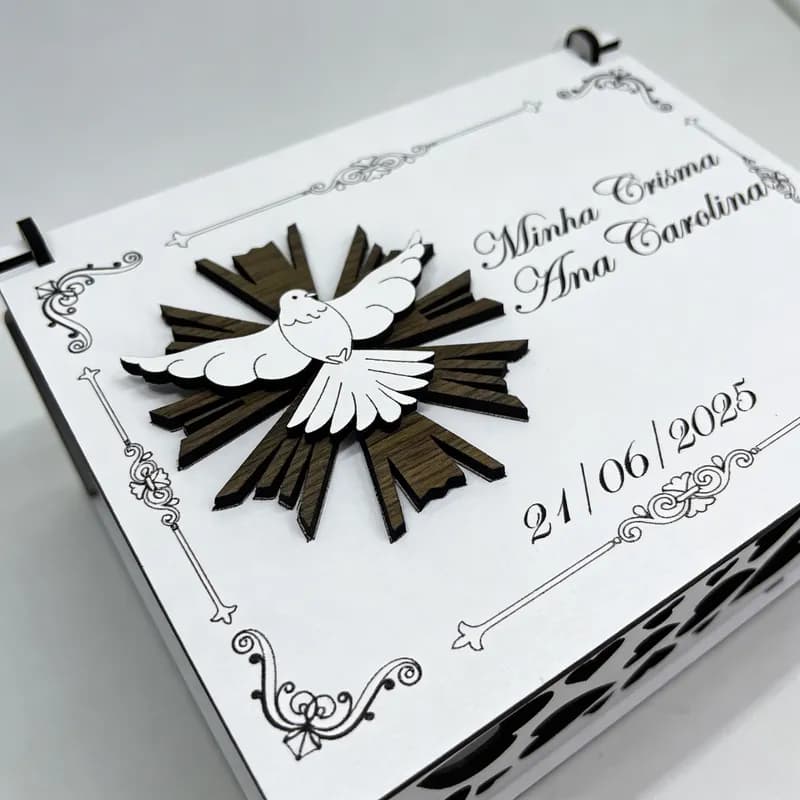 Caixa Lembrancinha Minha Crisma em MDF Branca 14x12x6,5cm Personalizada 01 Unidade