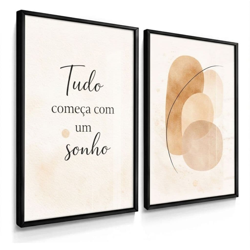 Kit 2 Quadros Decorativos Boho Minimalista Frase Motivacional Com Vidro Moldura Preta ou Branca Sala Quarto