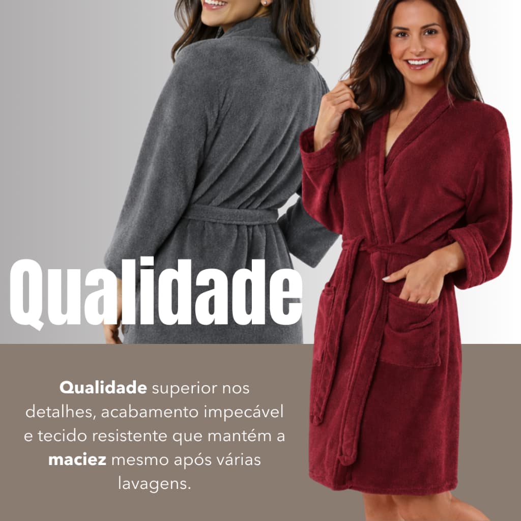 Roupão Plush Microfibra Feminino Manga 3/4 Toque Macio 180g/m2