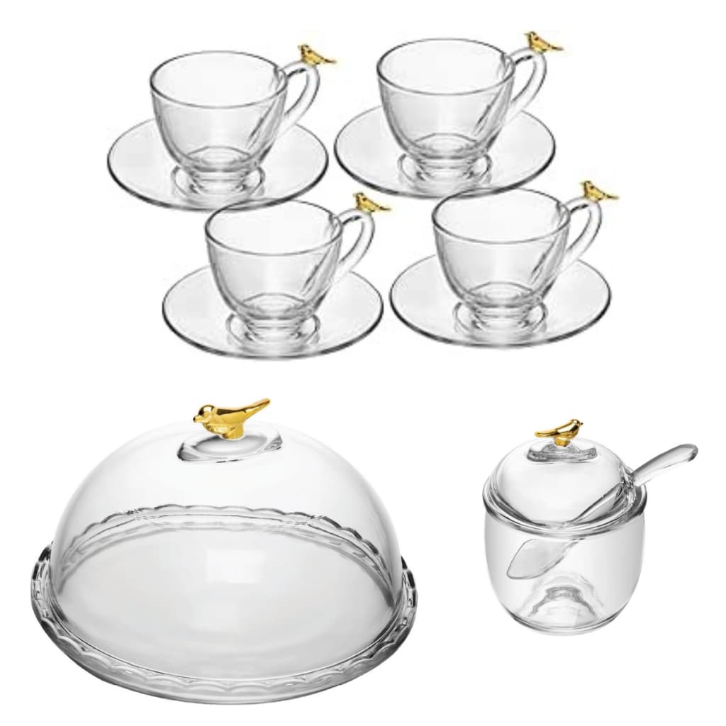WOLFF - Kit Café 4 Xícaras com Pires + Queijeira + Açucareiro em Cristal - Linha Golden Bird