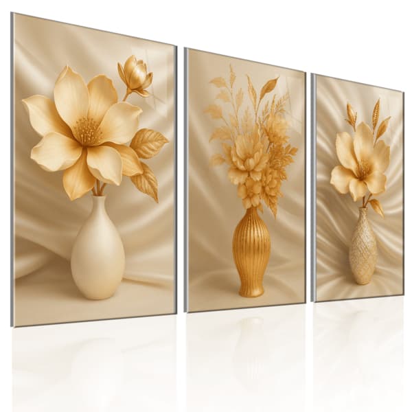 Quadro Decorativo Para Sala  Flor Dourada Luxo Moderno 3 Peças Para Decorar Seu Ambiente