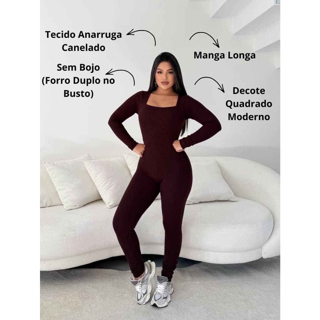 Macacão Feminino Longo Canelado Virgínia Manga Longa Decote Quadrado Sem Bojo Estiloso Moda Gringa Tendência