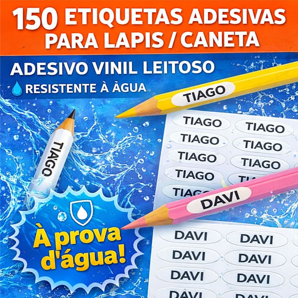 150 Etiquetas Adesivos Personalizados Nome ou Texto para Lápis e Objetos, em Vinil Leitoso (Branco)