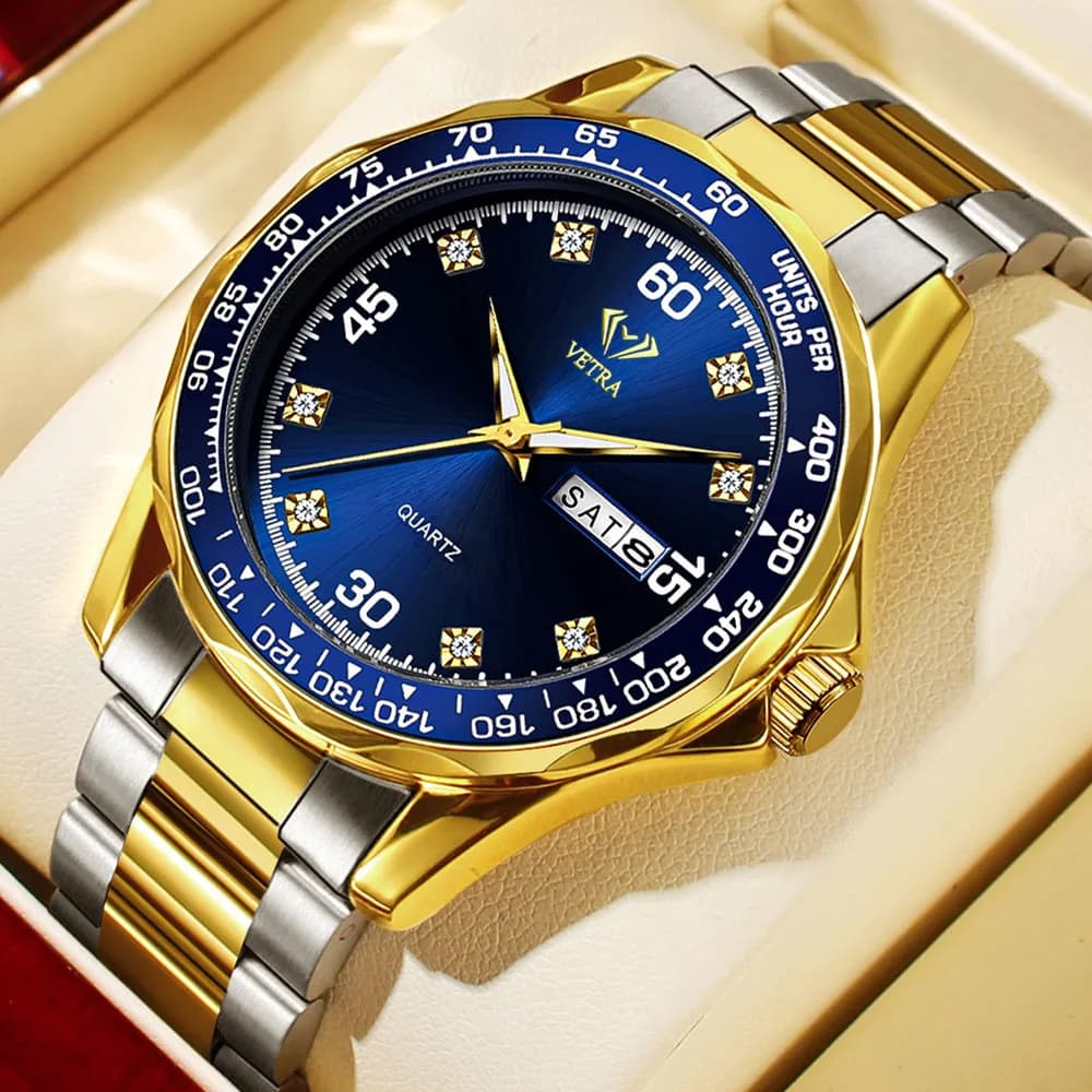 VETRA Relógio Masculino Original Relogio Luxo a Prova d Água Presente para Homem Aço Inoxidável Azul Dourado B503