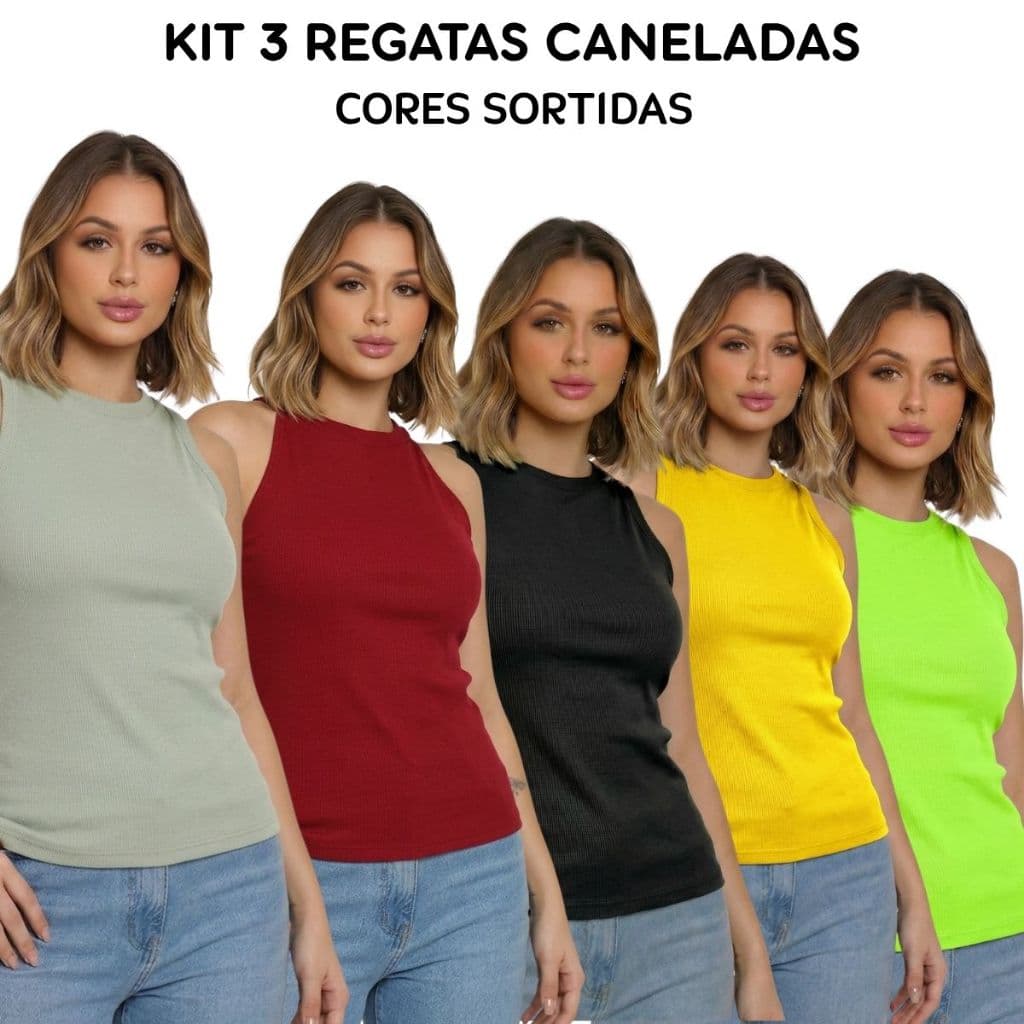 Kit 3 Blusinha T-Shirt Ribana Canelada Sortida Colorida Moda Blogueirinha Respirável