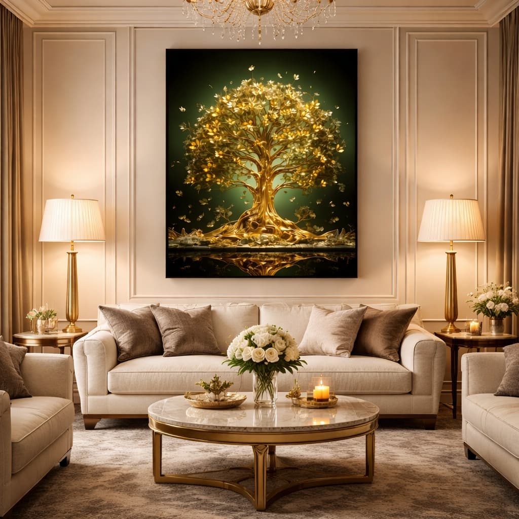 Quadro Decorativo Árvore da Vida Dourada Elegante Sobre Fundo Verde Sofisticado Arte Premium Luxo