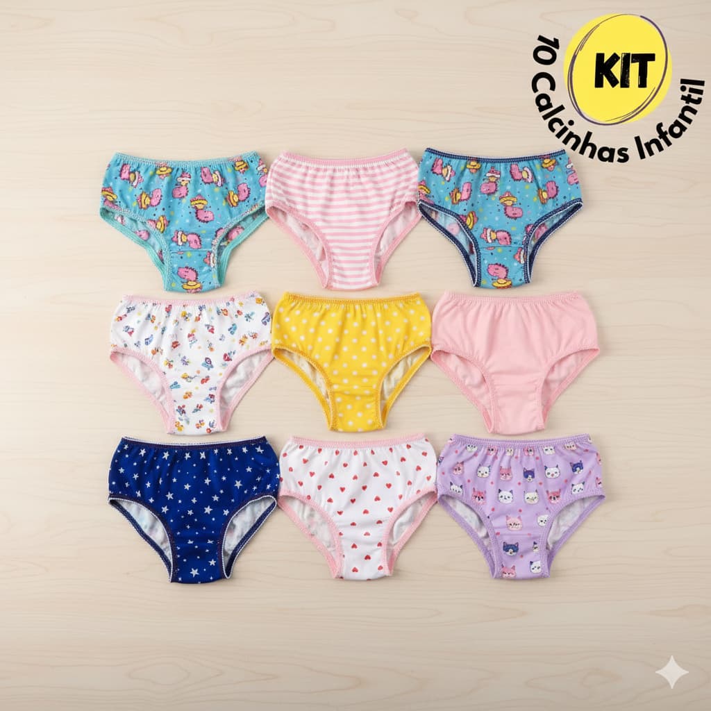Kit Calcinhas Infantil 100% Algodão Menina Confortável Atacado Estampadas Sortidas P ao GG Desenho