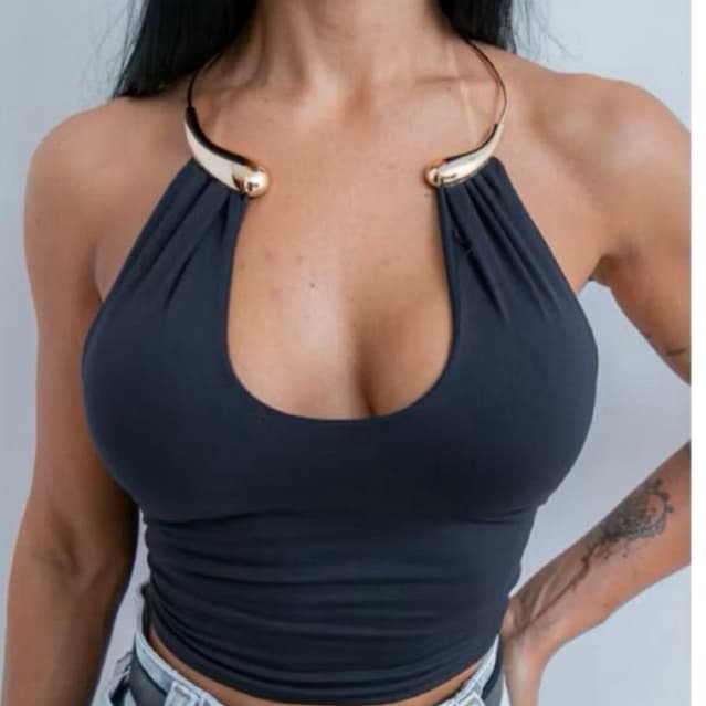 Cropped feminino top suplex poliamida decote argola no pescoço estilo colar Costa nua tendência inverno