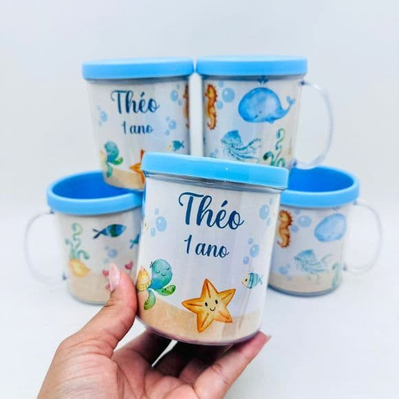 Lembrancinha Fundo do Mar Personalizada | Caneca 350ml com Nome e Idade | Festa Infantil
