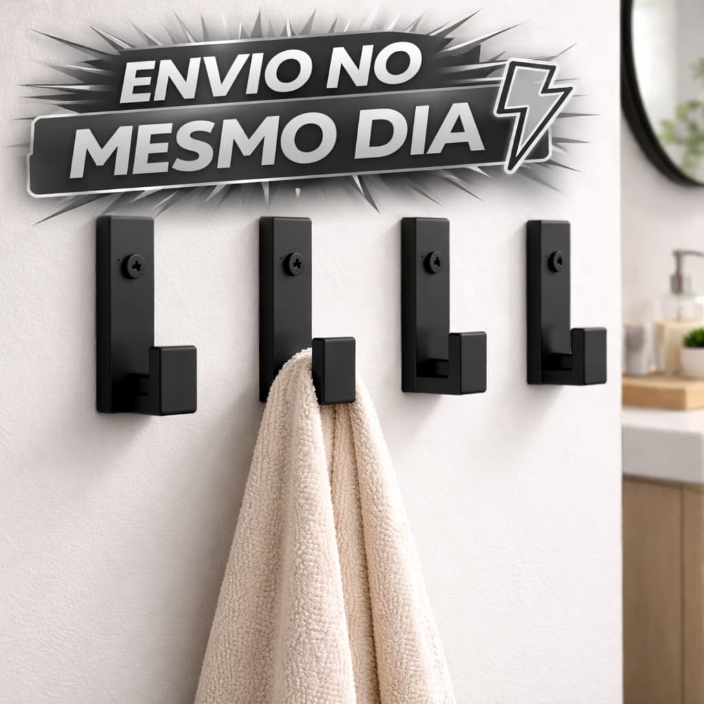Cabide Gancho de Parede Fixação Fita Dupla Face 3M ou Parafusos para Toalhas Banheiro Preto e Branco
