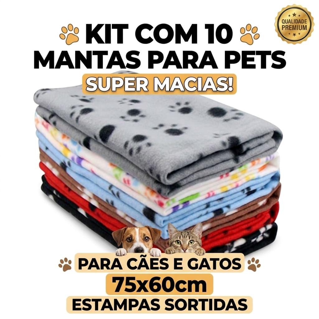 Kit 10 Mantas Pet Soft 75x60 Cobertor Cachorro Gato Estampas Sortidas
