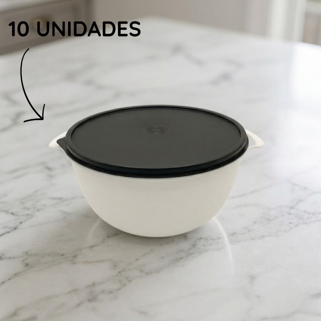 Tigela Bowl Plástico 1L Branco Com Tampa Preta Kit 10 Peças Saladeira Pote