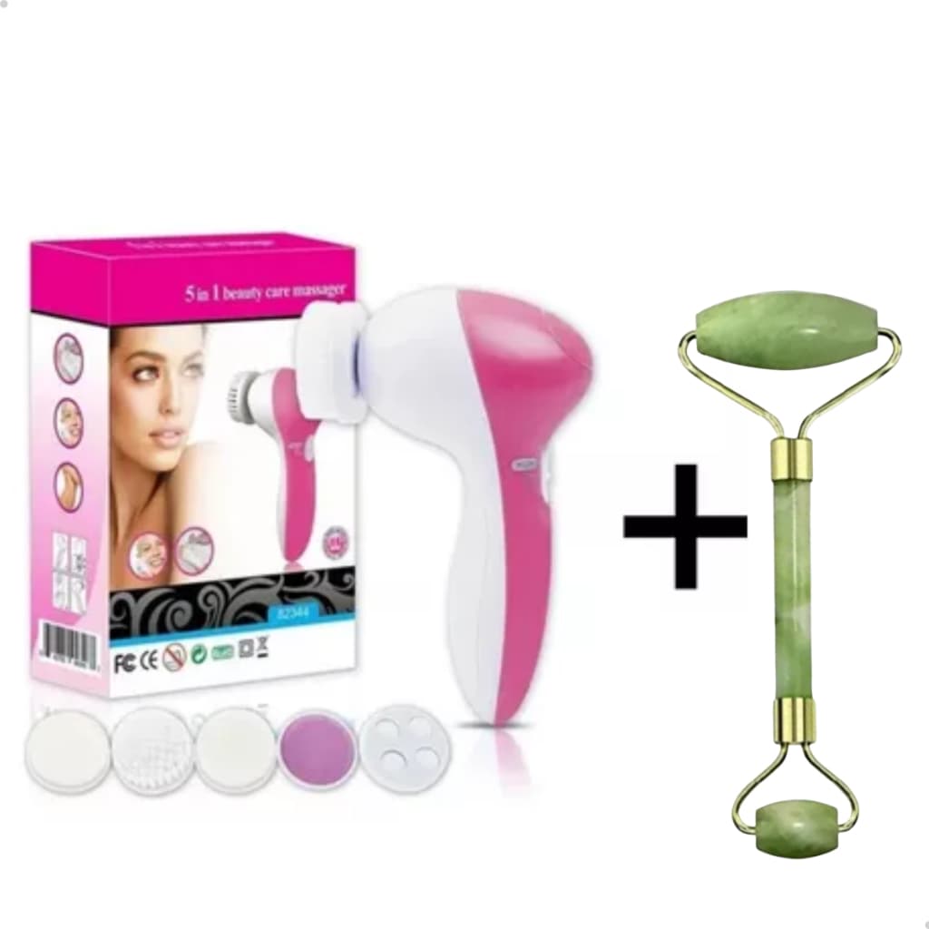 Escova Facial Elétrica 5 em 1 + Roller Pedra Jade Massageador
